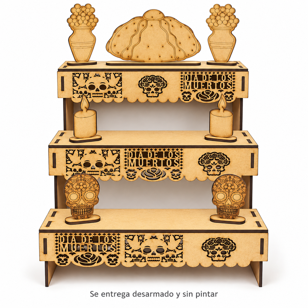 Altar de muertos de tres niveles con accesorios de MDF sin pintar
