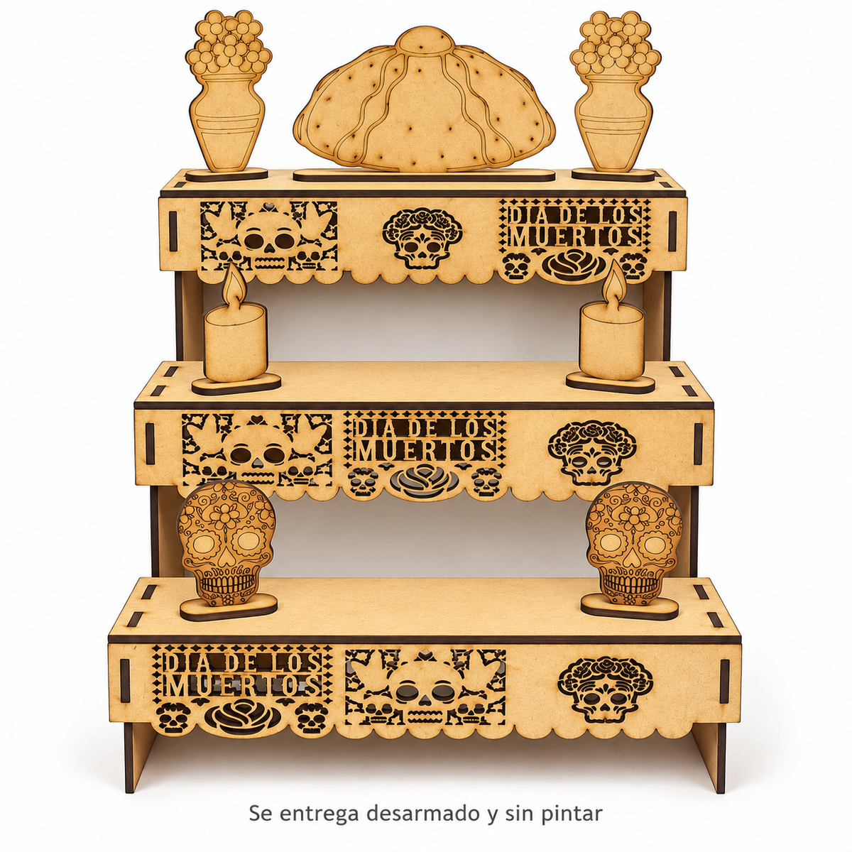 Altar de muertos de tres niveles con accesorios de MDF sin pintar