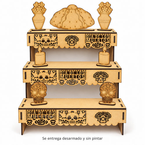 Altar de muertos de tres niveles con accesorios de MDF sin pintar