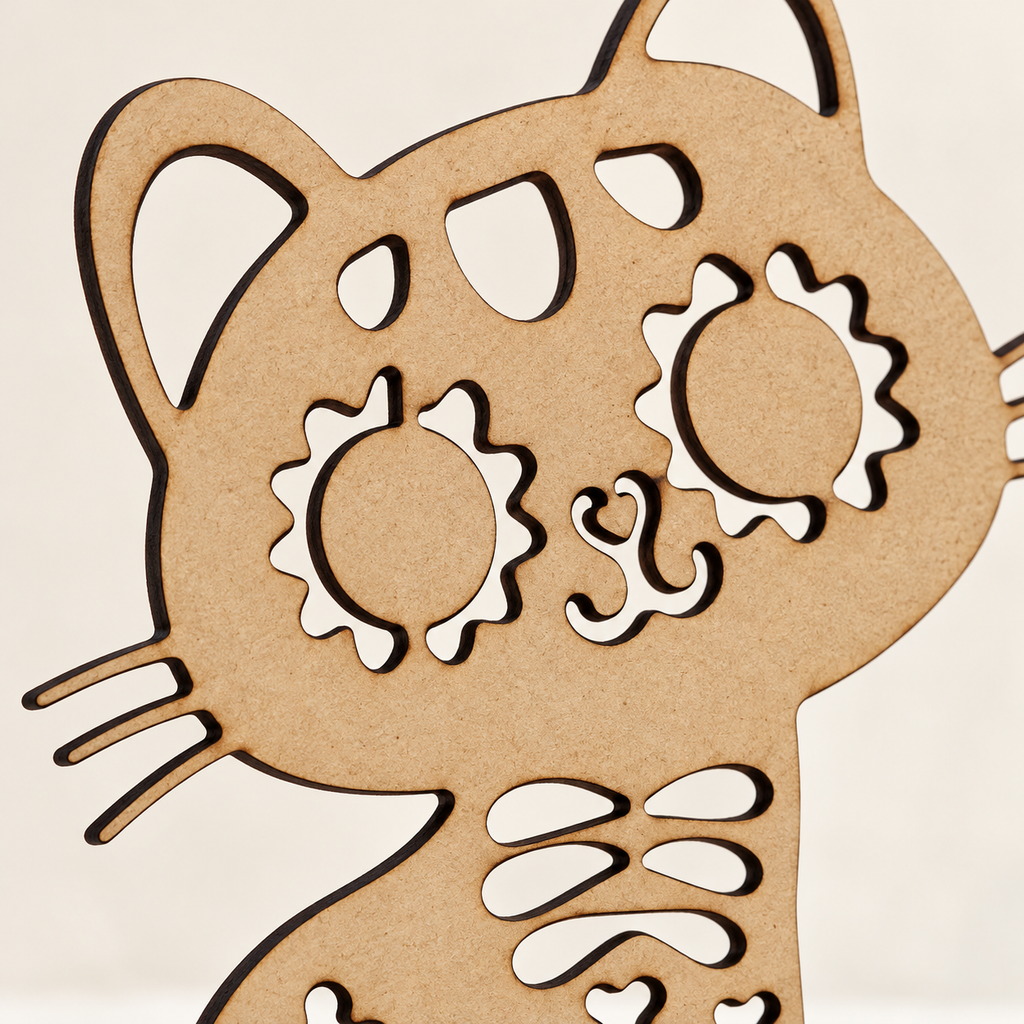 Detalle del diseño calado del gato de MDF