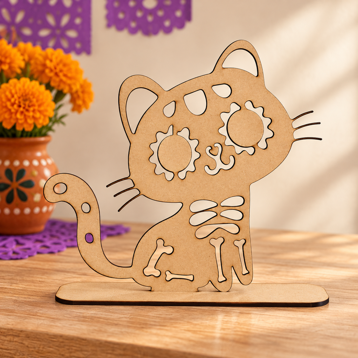 Gato de MDF en una escena decorativa de Día de Muertos