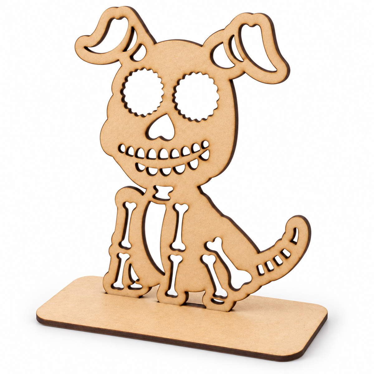 Vista en ángulo del perro de MDF de 3 mm