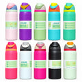 Termos tipo Owala TM29 de 32 oz en diez combinaciones de color, organizados en dos filas sobre fondo blanco